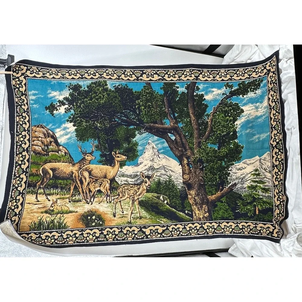 Vintage Velvet Wall Hanging Deer Family Mountain Landscape Blue Green Excellent